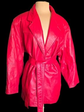 Y2K Vintage Maxima Bright Red Leather Belted Jacket Sz L
